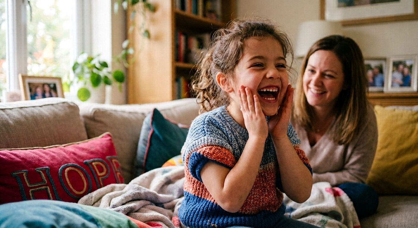 A young girl laughing on the sofa at home, her mother smiling beside her